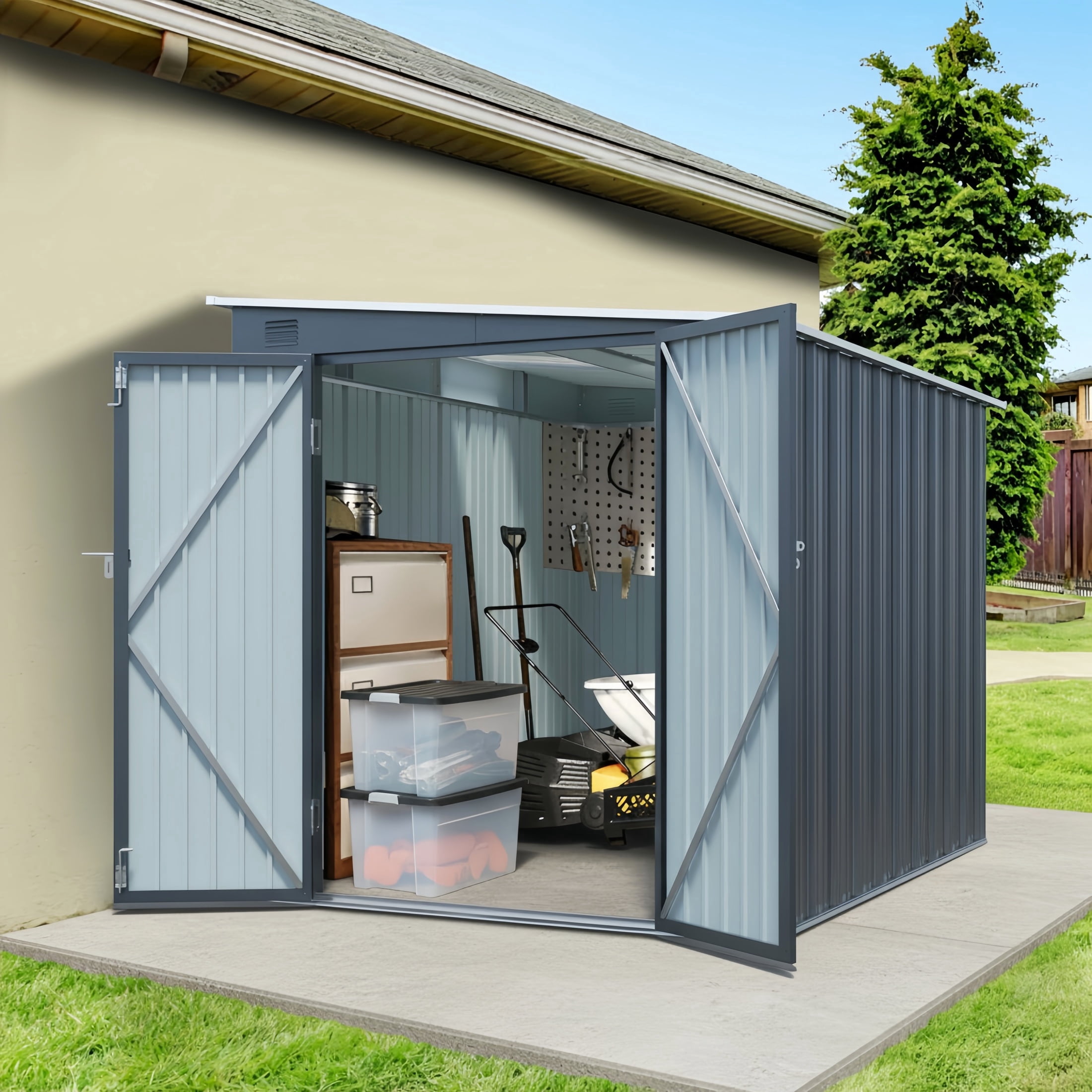 Atumcto 6 x 8 ft Outdoor Storage Shed, Galvanized Steel Lean-to Garden Storage with Light Panel, Lockable Double Doors, Weather-Resistant, No Floor