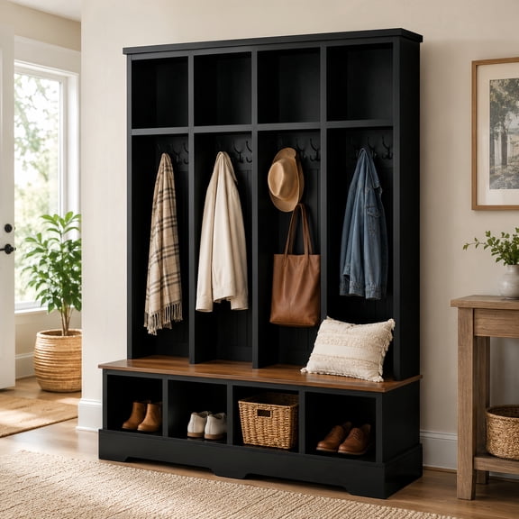 Atumcto 59" Farmhouse Hall Tree with Shoe Storage Bench, 3-in-1 Entryway Coat Rack with 8 Hooks and Storage Cubbies for Mudroom, Black, 76.7" H