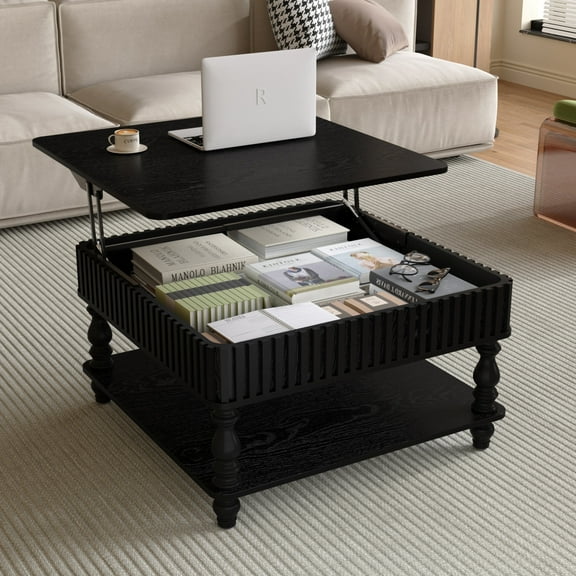 Atumcto Black Fluted Lift-Top Coffee Table for Living Room, 31.5" Square Hydraulic Storage Table with Hidden & Open Compartments, Retro Solid Wood Legs