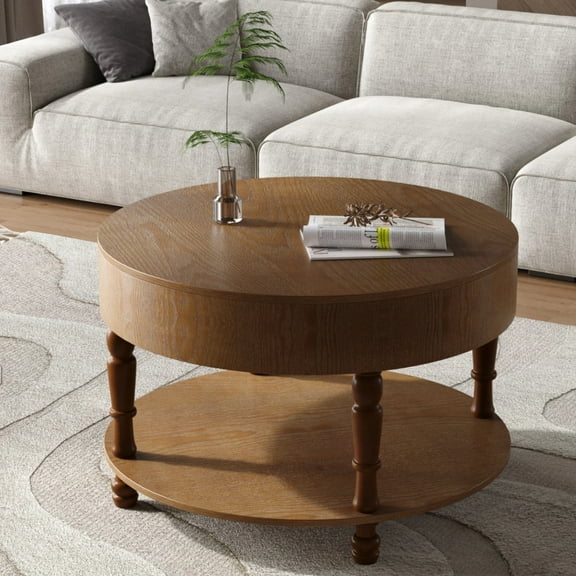 Atumcto Coffee Table with Storage, Round Center Table for Living Room with Hidden Compartment, Modern Style, Adjustable Leveling Feet (Walnut)