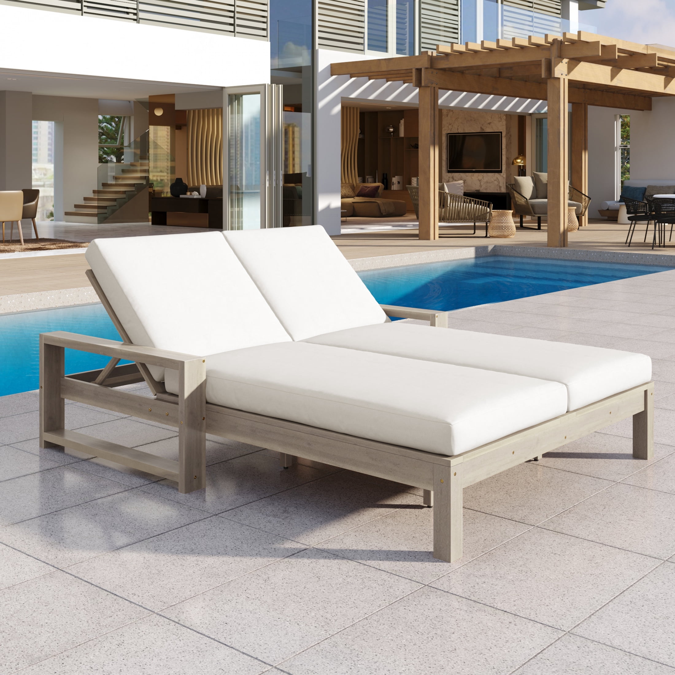 Atumcto Double Outdoor Chaise Lounge with Cushions, Acacia Wood Patio