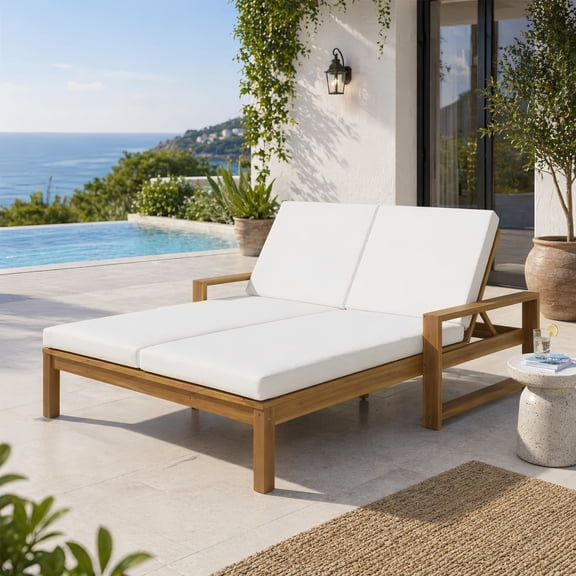 Atumcto Double Outdoor Chaise Lounge with Cushions, Acacia Wood Patio Lounge Chair with Dual Adjustable Backrests for Poolside Deck Garden (Light Teak)
