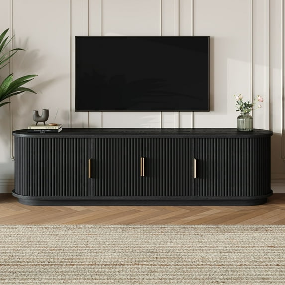 Atumcto Farmhouse TV Stand with Sliding Door for TVs up to 75", Fluted Media Console with Adjustable Storage and Golden Handle - Rustic Wooden TV Cabinet with Cable Management - Black