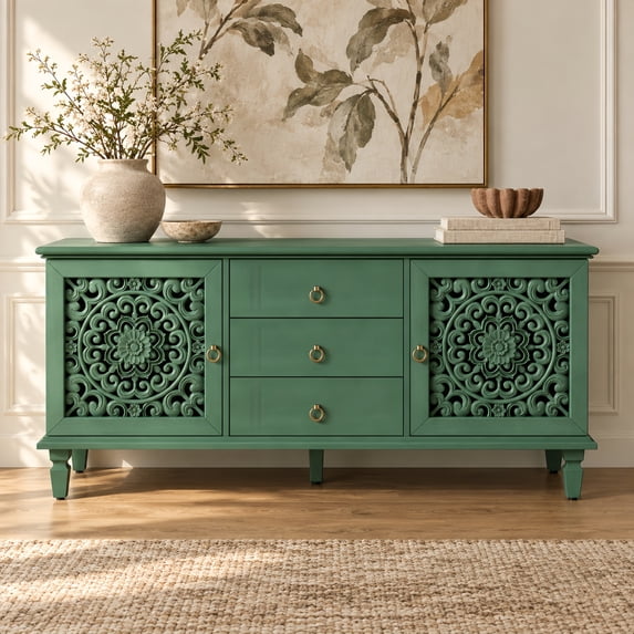 Atumcto Farmhouse TV Stand with Carved Doors, 3 Drawers & Adjustable Shelves, Antique Green