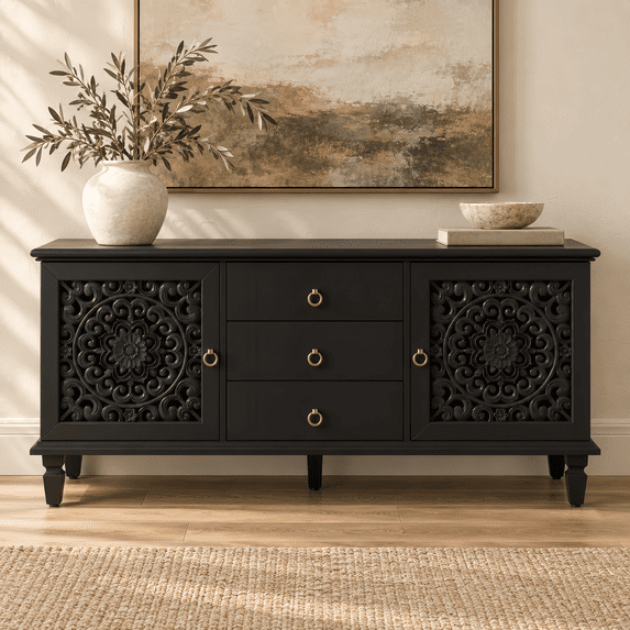 Atumcto Farmhouse TV Stand with Carved Doors, 3 Drawers & Adjustable Shelves, Black