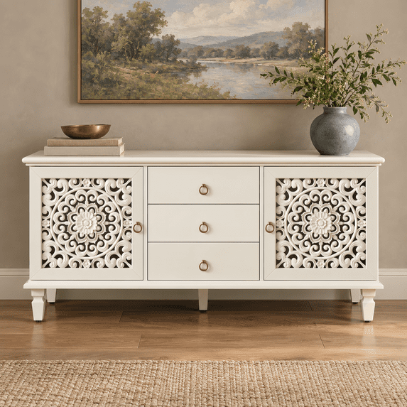 Atumcto Farmhouse TV Stand with Carved Doors, 3 Drawers & Adjustable Shelves, White
