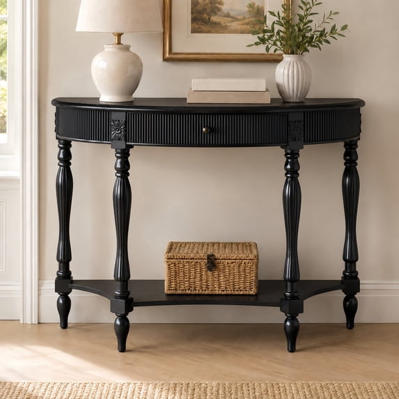Atumcto Half Moon Console Table with Drawer and Shelf, Fluted Entryway Sofa Table with Roman Column Legs for Hallway and Living Room, Black