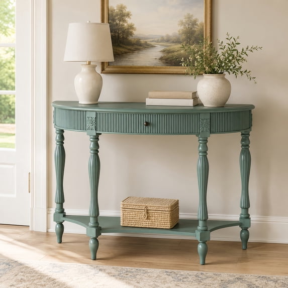 Atumcto Half Moon Console Table with Drawer and Shelf, Fluted Entryway Sofa Table with Roman Column Legs for Hallway and Living Room, Rustic Green