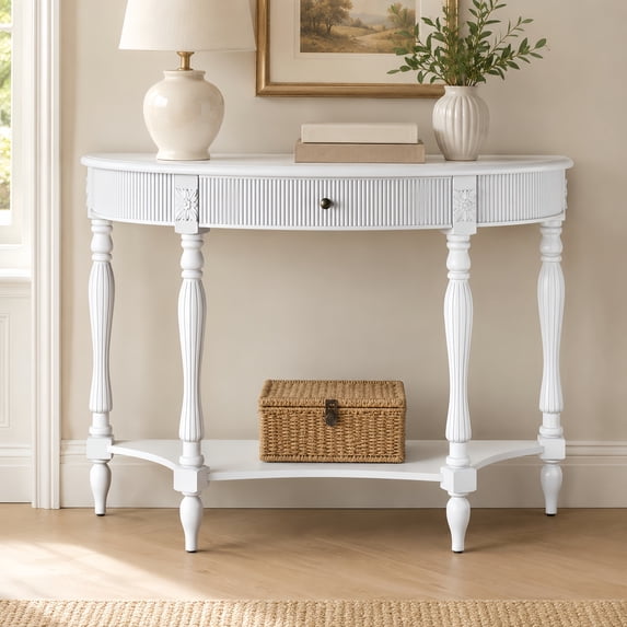 Atumcto Half Moon Console Table with Drawer and Shelf, Fluted Entryway Sofa Table with Roman Column Legs for Hallway and Living Room, White