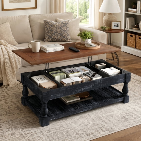 Atumcto Lift Top Coffee Table with Hidden Storage, Retro Living Room Center Table with Lower Shelf, Espresso and Weathered Black