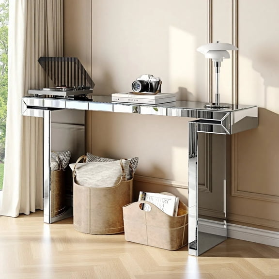 Atumcto Mirrored Console Table 60", Fluted Tempered Glass, Narrow Entryway & Hallway Sofa Table, Modern Glam, Scratch-Resistant, Easy Tool-Free Assembly (60 x 14.17 x 31.5 in)