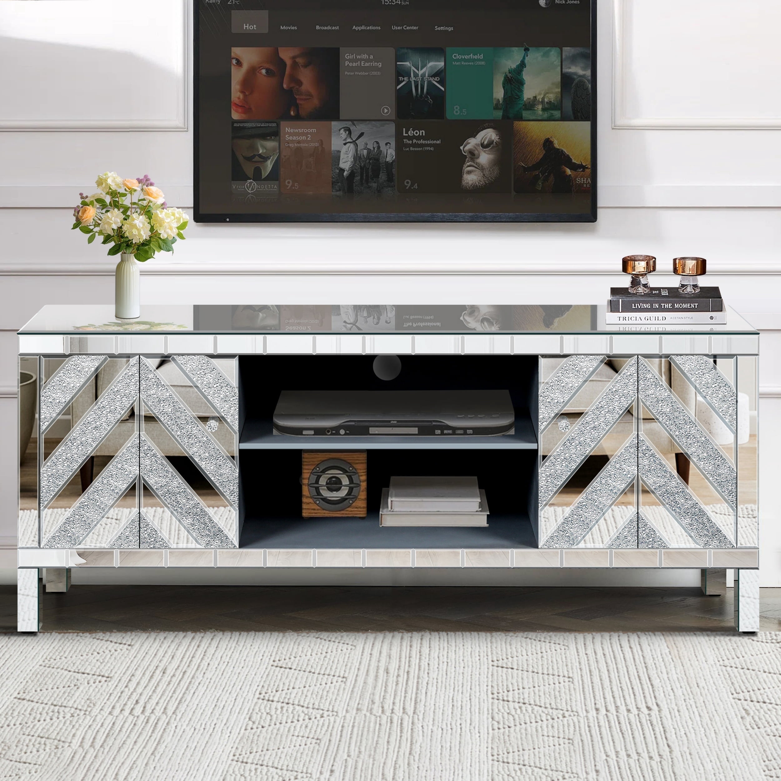 Atumcto Mirrored TV Stand for 65in TV, Silver Console with Storage Cabinets and Shelves, Modern Glam Entertainment Center for Living Room