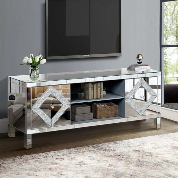 Atumcto Modern Mirrored TV Stand for 65in TV - Diamond Mirror Doors Media Console, Adjustable Storage, Wood Entertainment Center for Living Room, Silver