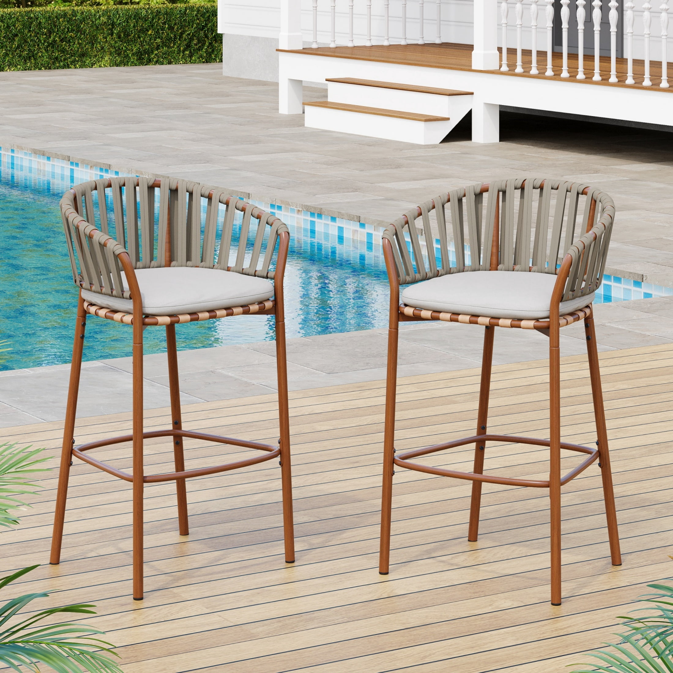 Atumcto Outdoor Bar Stools Set of 2, Rope Patio Bar Chairs with Teak ...