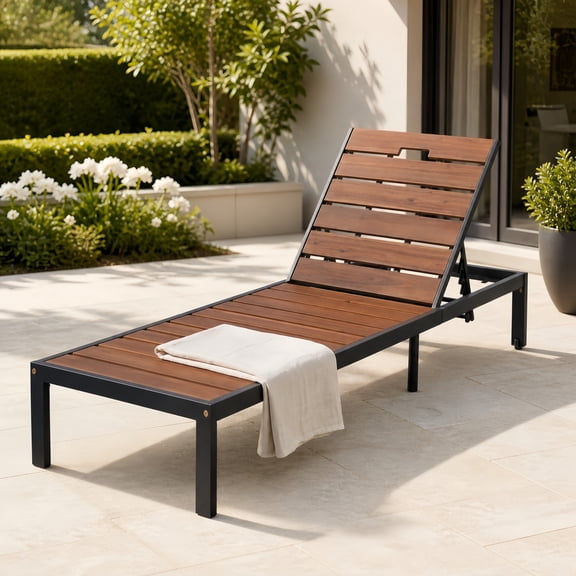 Atumcto 78.7" Outdoor Chaise Lounge Chair, Acacia Wood Armrests, 6-Position Adjustable Backrest, Steel Frame, Black/Brown