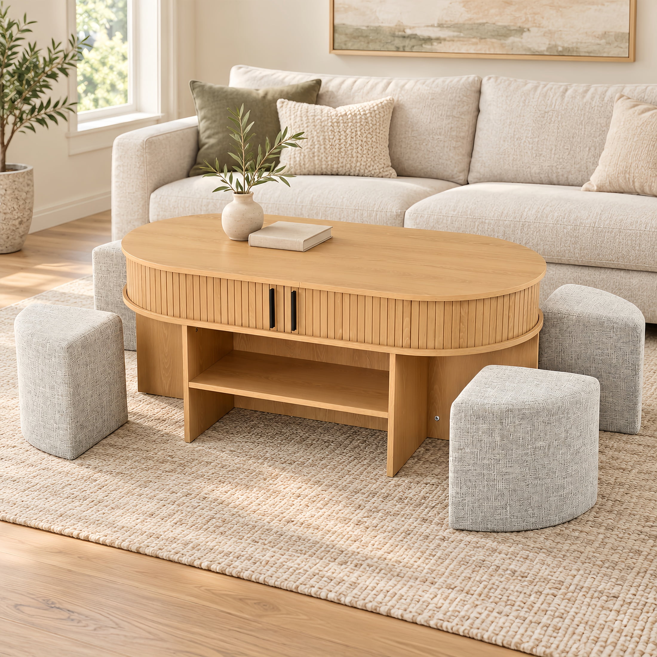 Atumcto Oval Coffee Table with Storage and 4 Nesting Fabric Stools ...