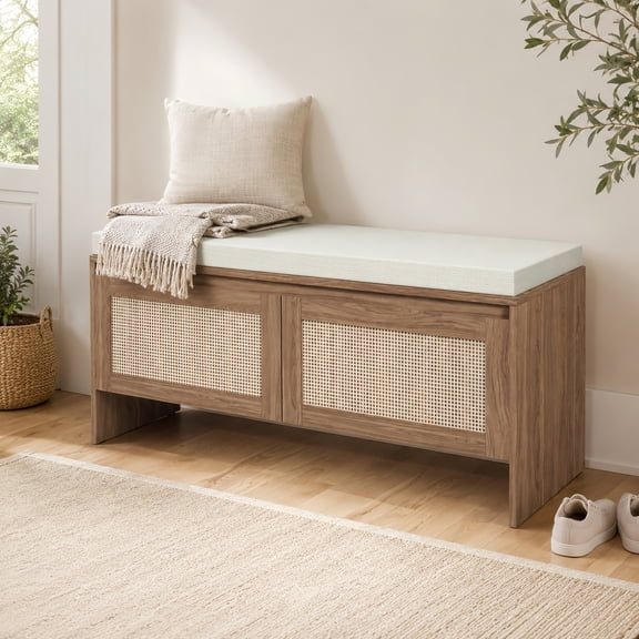 Atumcto Entryway Storage Bench with Cushion, Rattan Door, Shoe Storage for Hallway, Natural
