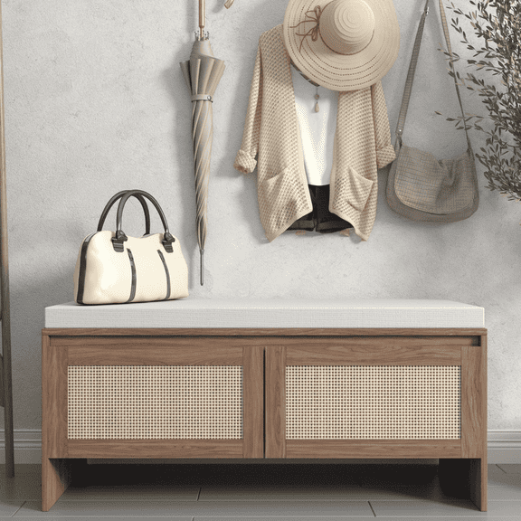 Atumcto Entryway Storage Bench with Cushion, Rattan Door Shoe Cabinet with Storage for Hallway, Living Room, Natural