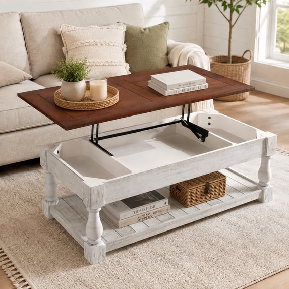 Atumcto Retro Lift-Top Coffee Table with Hidden Storage and Lower Shelf for Living Room, Espresso & Weathered White