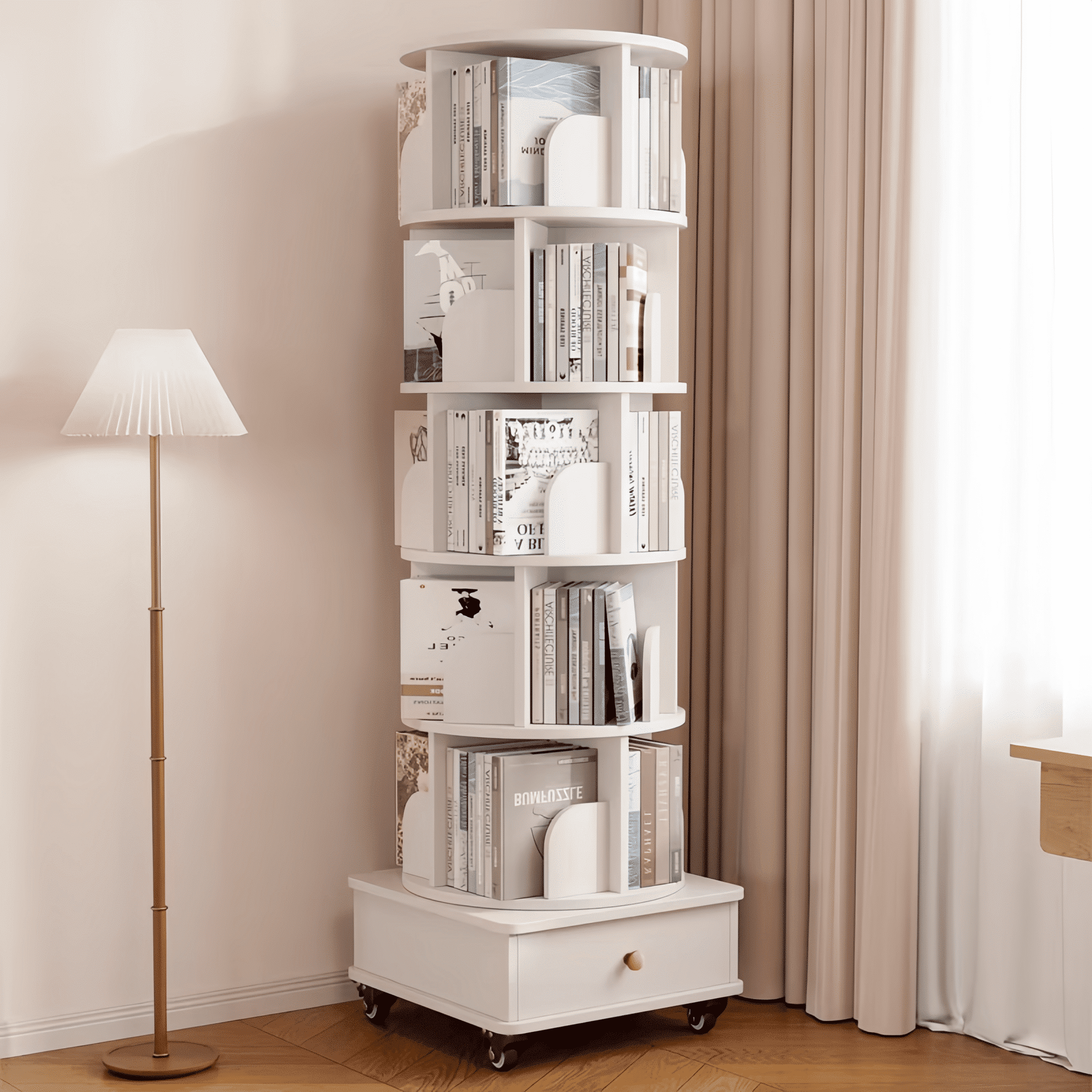 Atumcto Rotating Bookshelf with Drawer, 6 Tier 360 ° Corner Bookcase with Wheels, Tall Narrow Storage Shelf for Small Spaces, Bedroom Living Room, White