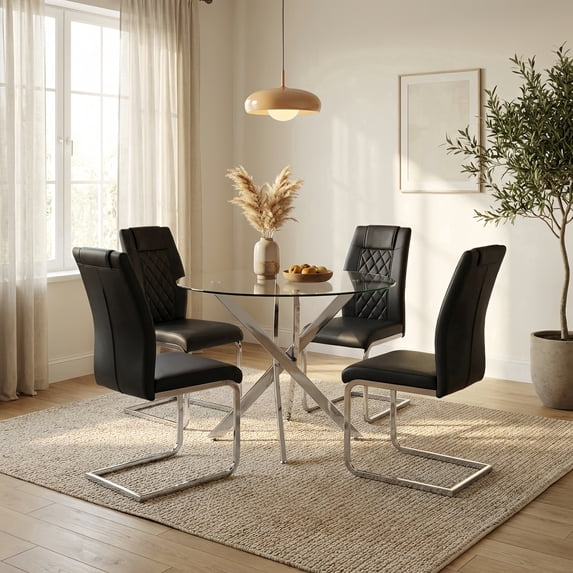 Atumcto 5-Piece Round Glass Dining Table Set for 4, 35.5" Modern Kitchen Table Set with 4 Chairs, Tempered Glass Top, Silver Metal Legs