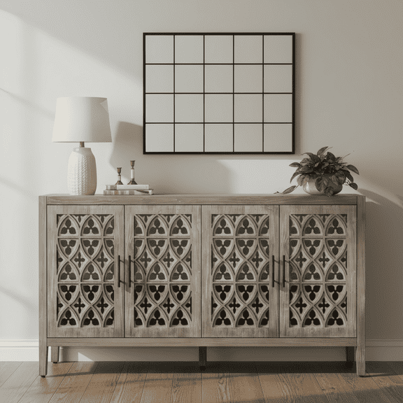 Atumcto 60" Rustic 4-Door Sideboard, Buffet Cabinet with Carved Lattice Doors & Adjustable Storage, Antique Brown for Small Spaces
