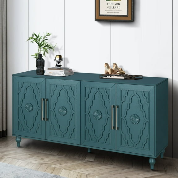 Atumcto Sideboard Buffet 63" with Storage Cabinet, Carved Flowers Doors & Cable Holes for Living Room, Kitchen & Entryway Navy Blue