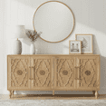 thumbnail image 1 of Atumcto Sideboard Buffet 63" with Storage Cabinet, 4-Door 4-Shelf, Natural Wood Color, Carved Flowers Doors & Cable Holes for Living Room, Kitchen & Entryway, 1 of 12