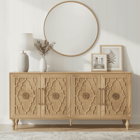 Atumcto Sideboard Buffet 63" with Storage Cabinet, 4-Door 4-Shelf, Natural Wood Color, Carved Flowers Doors & Cable Holes for Living Room, Kitchen & Entryway