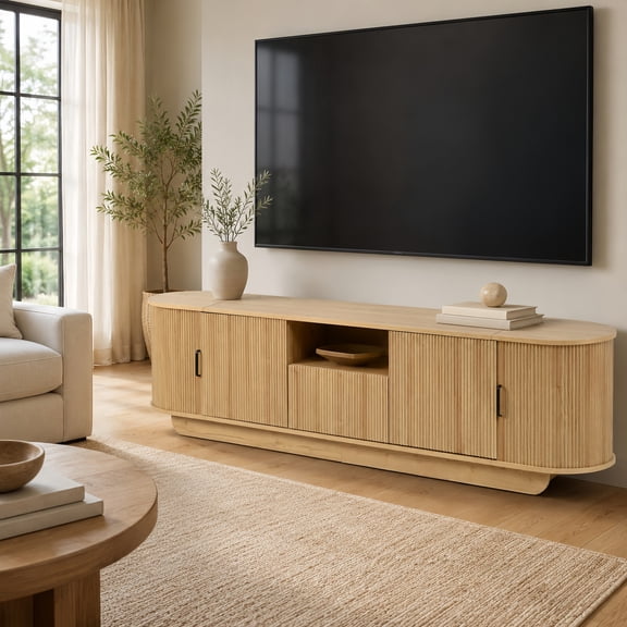 Atumcto TV Stand for 70"-75" TVs, Mid-Century Modern Entertainment Center with Hidden Sliding Storage, Fluted Drawer, Cabinets, Acacia Wood