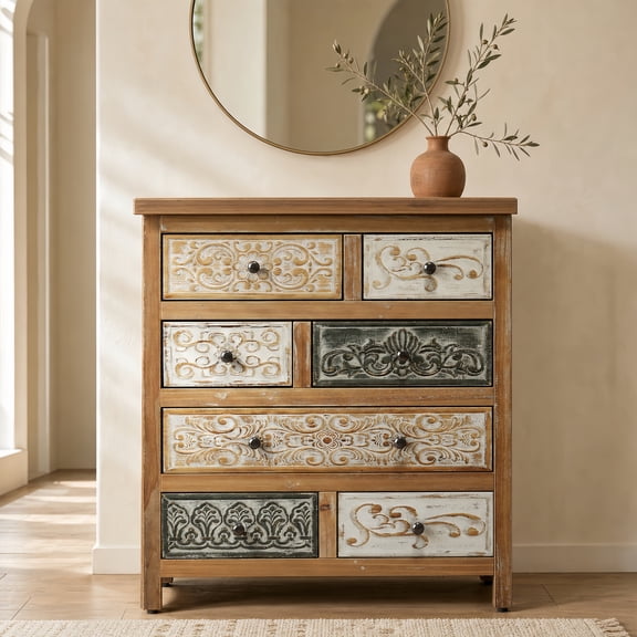 Atumcto Vintage 7-Drawer Accent Chest, Rustic Multicolor Carved Wood Storage Dresser for Bedroom, Living Room and Entryway, Colorful