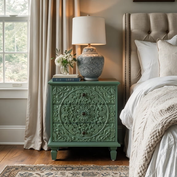 Atumcto Vintage Wood Nightstand with 3 Drawers, Scrollwork Carved Farmhouse Accent Chest Side Table for Bedroom and Living Room, Green