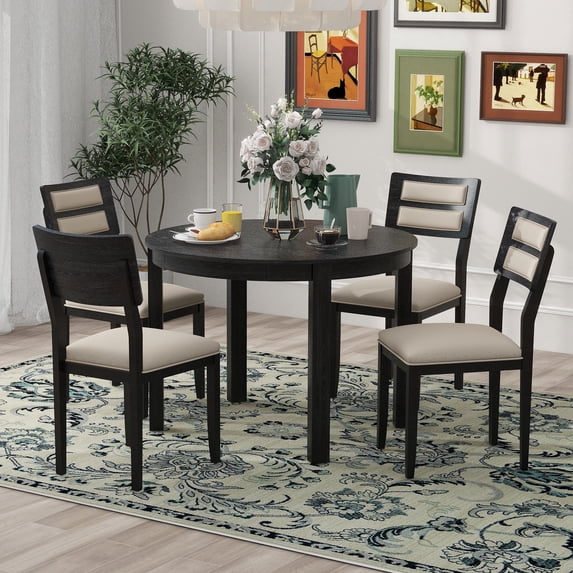 Atumon 5 Piece MDF and Oak Veneer Extendable Round Table Dining Set Black
