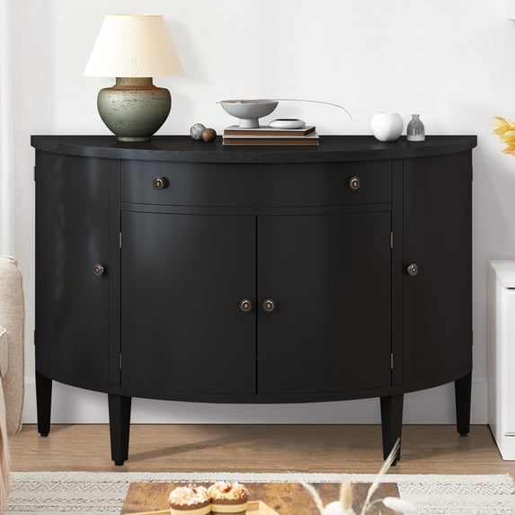 Atumon Accent Storage Cabinet, Curved Sideboard Cabinet, Modern Storage Cabinet with 4 Doors and Adjustable Shelves, Wood Accent Cabinet Furniture for Corridors Entryway Living Room, Black