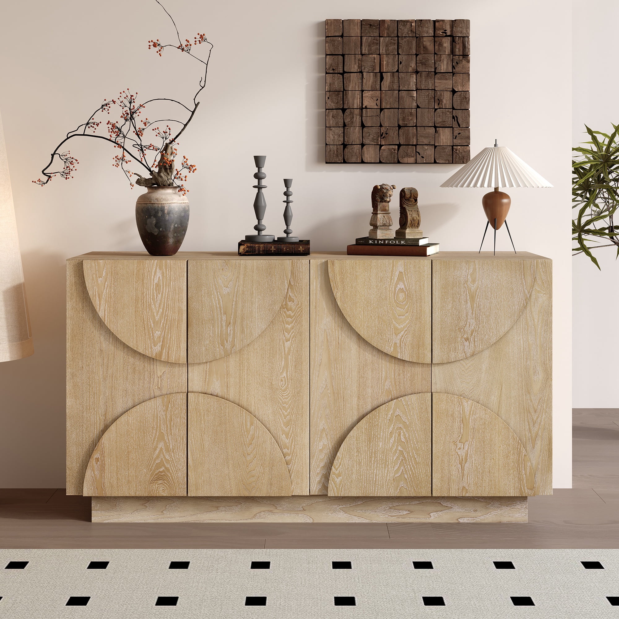 Atumon Buffet Cabinet, Accent Cabinet with 4 Doors, Buffet Cabinet with Adjustable Shelves, Wood Cabinet Furniture for Kitchen Dining Room Living Room, 56.3"L x 15.8"W x 31.3"H, Natural