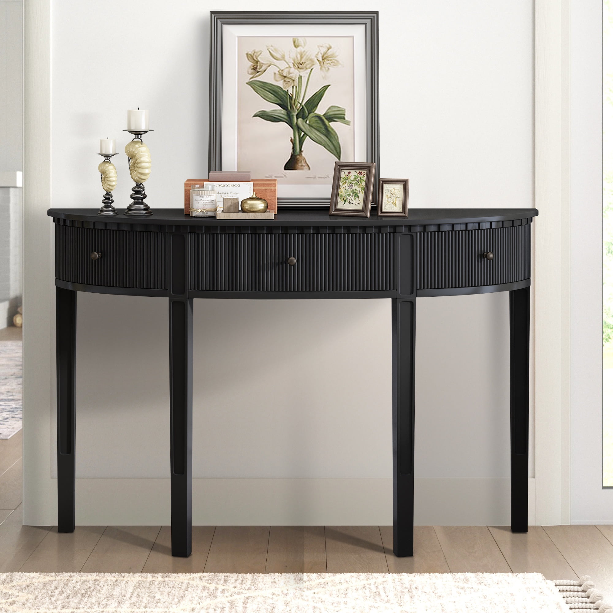 Black Pine Wood Half-Moon Console Table with Storage Drawers