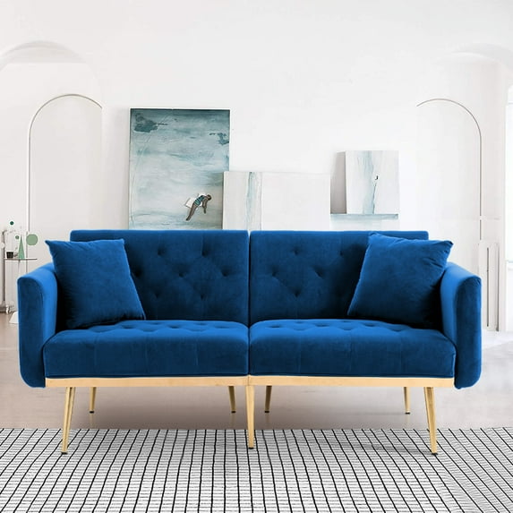 Atumon Couches and Sofas, 64"L Futon Sofa Bed, Modern Convertible Sofa Bed, Velvet Sofa Couch with 2 Pillows and Rose Golden Metal Legs, Futon Couch Furniture for Living Room Bedroom, Blue