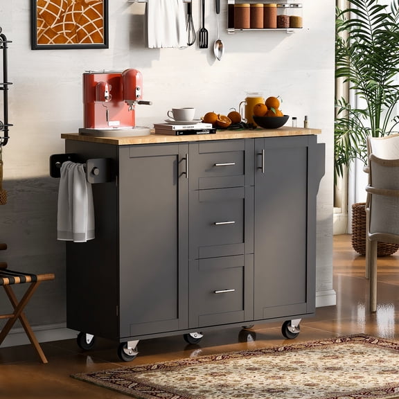 Atumon Dining Room Cart, Kitchen Island Cart with 3 Drawers and Slide-Out Shelf, Modern Storage Kitchen Cart, Moveable Buffet Sideboard for Kitchen Dining Room, 51.49"L x 17"W x 36.85"H, Black