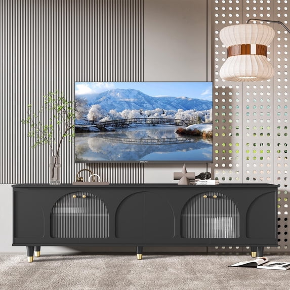 Atumon Living Room TV Stand, TV Console with 4 Arch Fluted Glass Doors, Modern Entertainment Center, Wood TV Cabinet, TV Stand Furniture for Living Room Bedroom, 69.6"L x 15.7"W x 21.8"H, Black