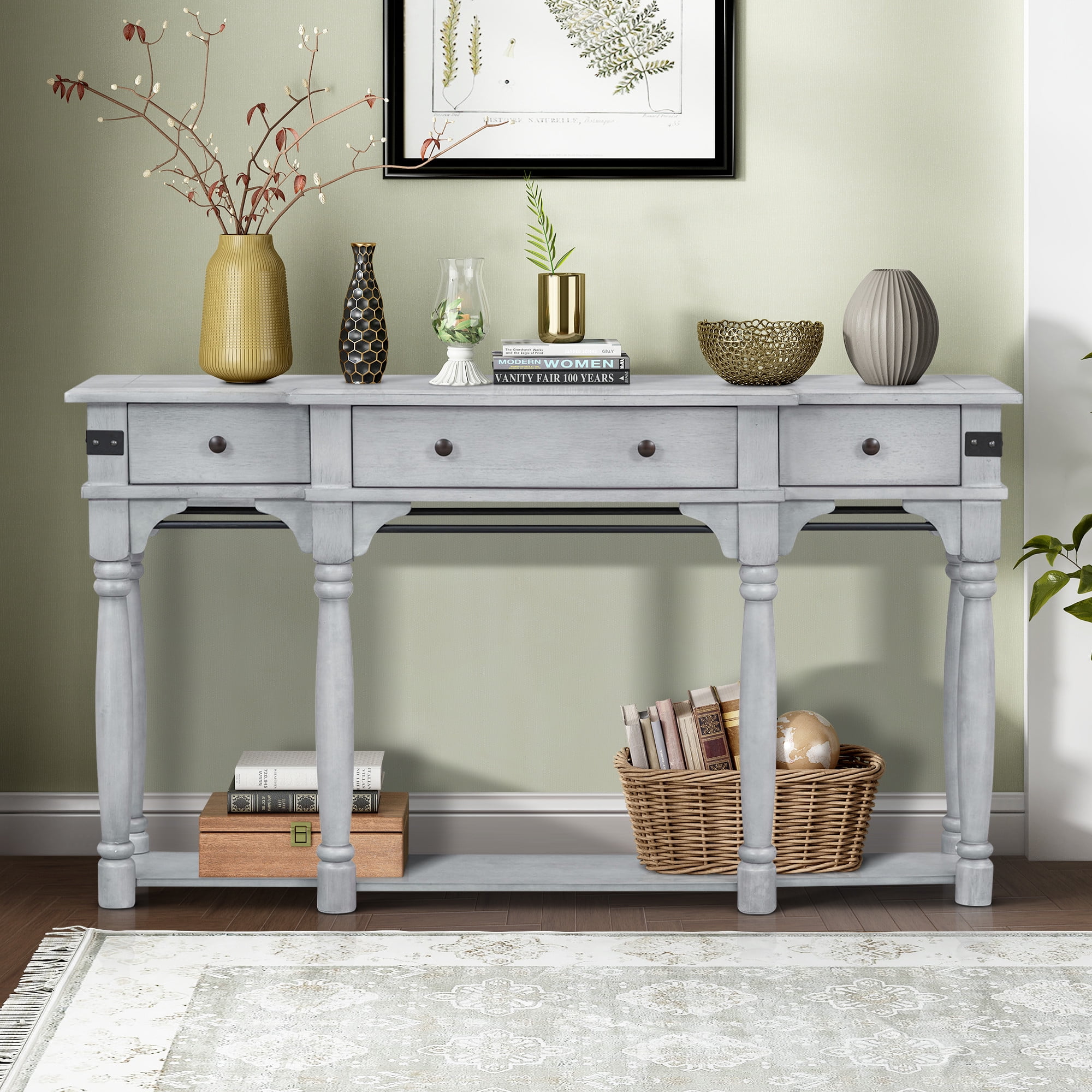 Atumon Storage Console Table, Sofa Side Table, Retro Console Table with 3 Drawers and Bottom ...