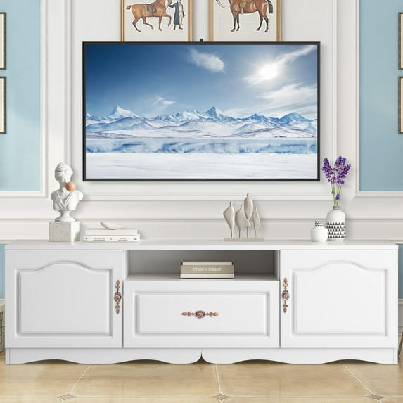Atumon TV Stand for Living Room, TV Console with 2 Drawers and Doors, Modern Entertainment Center, Wood TV Cabinet, TV Stand Furniture for Living Room Bedroom, 68.9"L x 15.7"W x 22"H, Antique White