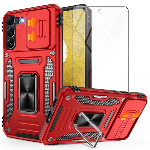 Atump for Galaxy S22 Case with 2Pcs HD Screen Protector, Military Grade Shockproof and Slide Camera Cover, 360° Rotated Ring Kickstand Protective Case for Samsung Galaxy S22,Red