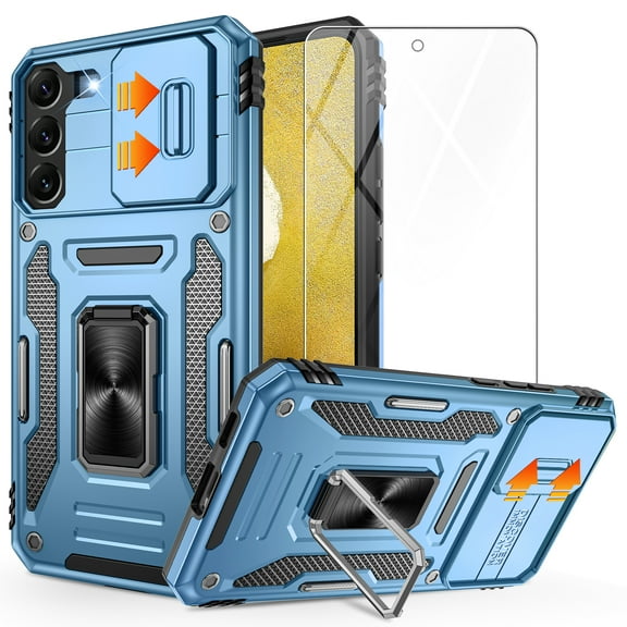 Atump for Galaxy S22 Case with 2Pcs HD Screen Protector, Military Grade Shockproof and Slide Camera Cover, 360° Rotated Ring Kickstand Protective Case for Samsung Galaxy S22,Light Blue