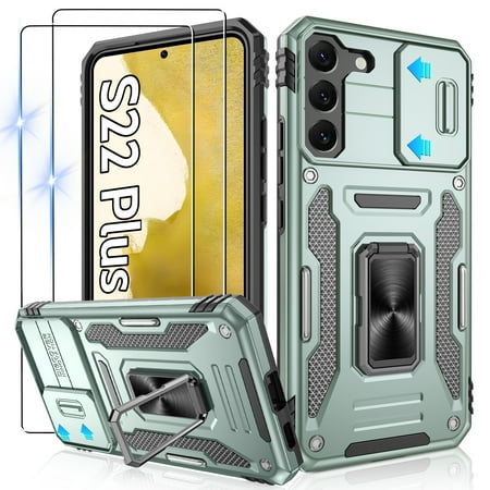 Atump for Galaxy S22 Plus Case with 2Pcs HD Screen Protector, Military Grade Shockproof and Slide Camera Cover, 360° Rotated Ring Kickstand Protective Case for S22 Plus,Alpine Green