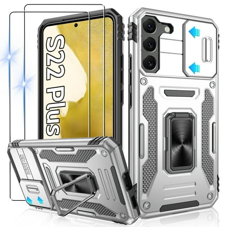 Atump for Galaxy S22 Plus Case with 2Pcs HD Screen Protector, Military Grade Shockproof and Slide Camera Cover, 360° Rotated Ring Kickstand Protective Case for S22 Plus,Grey