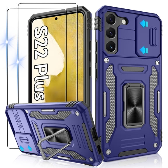 Atump for Galaxy S22 Plus Case with 2Pcs HD Screen Protector, Military Grade Shockproof and Slide Camera Cover, 360° Rotated Ring Kickstand Protective Case for S22 Plus,Navy Blue