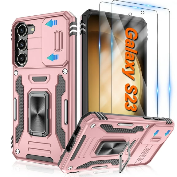 Atump for Galaxy S23 Case with 2Pcs HD Screen Protector, Military Grade Shockproof and Slide Camera Cover, 360° Rotated Ring Kickstand Protective Case for Samsung Galaxy S23,Rose Gold