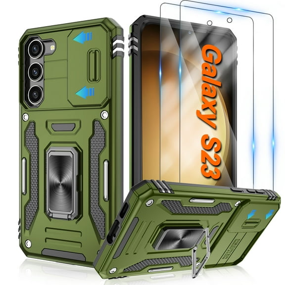 Atump for Galaxy S23 Case with 2Pcs HD Screen Protector, Military Grade Shockproof and Slide Camera Cover, 360° Rotated Ring Kickstand Protective Case for Samsung Galaxy S23,Olive Green