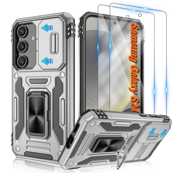 Atump for Galaxy S24 Case with 2Pcs HD Screen Protector, Military Grade Shockproof and Slide Camera Cover, 360° Rotated Ring Kickstand Protective Case for Samsung Galaxy S24,Grey