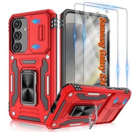 Atump for Galaxy S24 Case with 2Pcs HD Screen Protector, Military Grade Shockproof and Slide Camera Cover, 360° Rotated Ring Kickstand Protective Case for Samsung Galaxy S24,Red